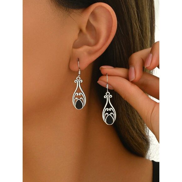 Silvertone Teardrop Dangle Earrings Filigree Black Lapis Inlay Drop French Wire - Picture 1 of 5